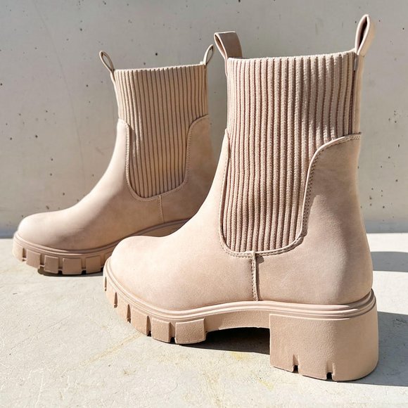 NEW Taupe Beige Chunky Lug Sole Platform Elastic Sock Ankle Chelsea Bootie Boots - Picture 3 of 14
